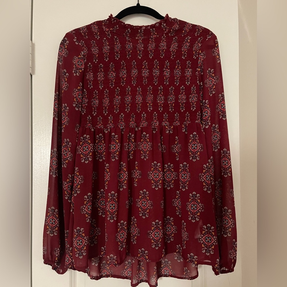 Xhilaration Burgundy Patterned Chiffon Blouse Medium